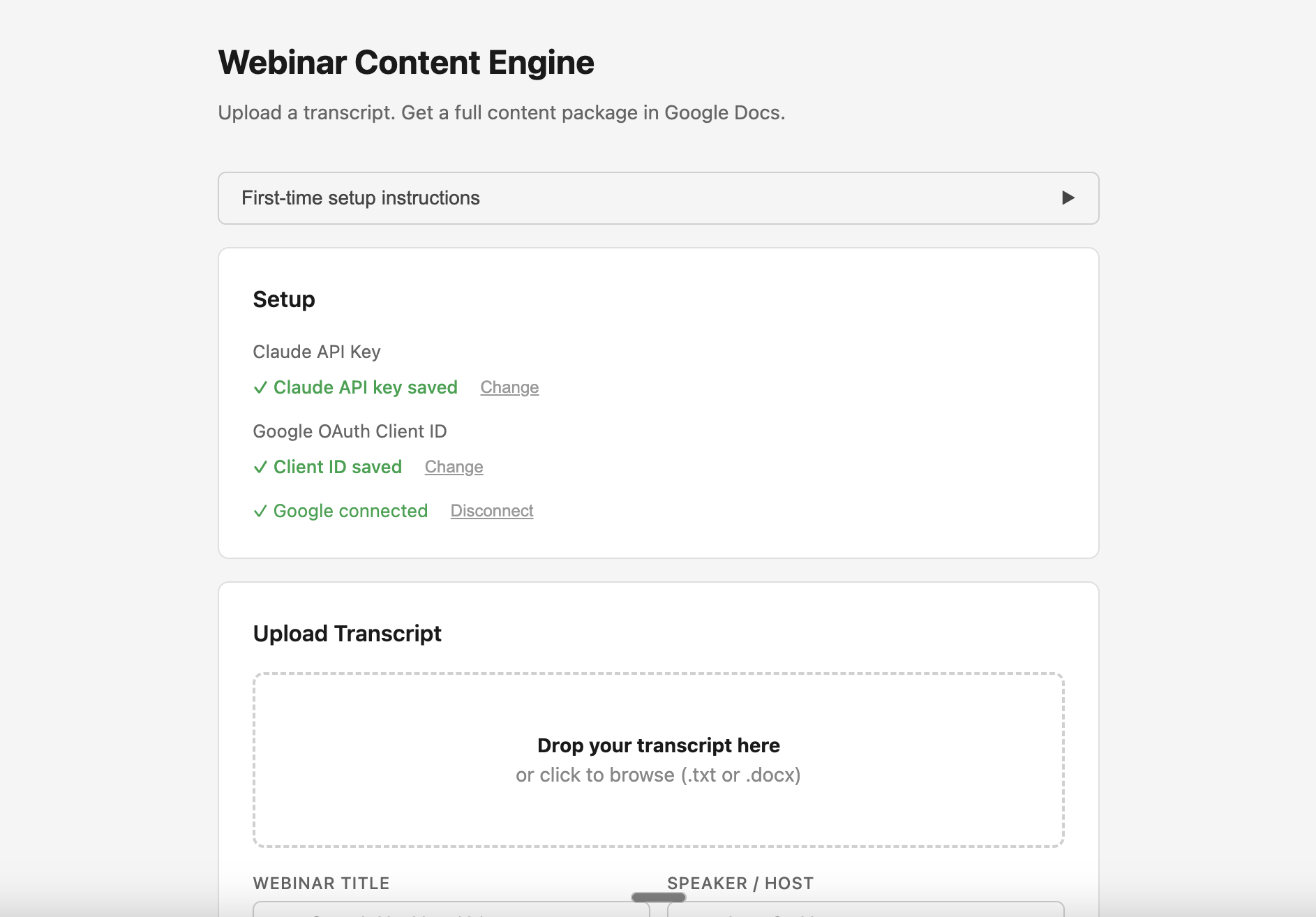 Screenshot of the Webinar Content Engine tool built in Claude Code